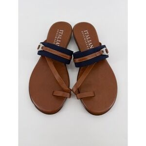 Italian Shoemakers Womens 7.5 Brown Navy Blue Toe Loop Flat Slide Sandals Italy